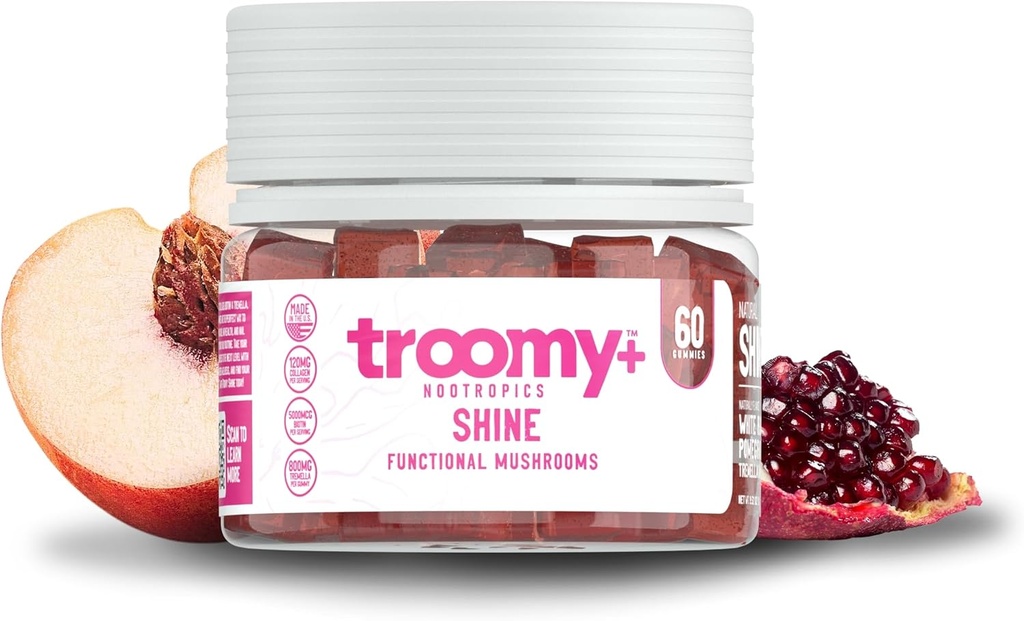 Troomy All Natural Beauty Shine Tremella Mushroom Gummies - Indeholder Biotin & Collagen, der understøtter hår, hud, og nail vækst - Store smagfulde Pomegranat hvid ferskvand flavor - 60 Greve