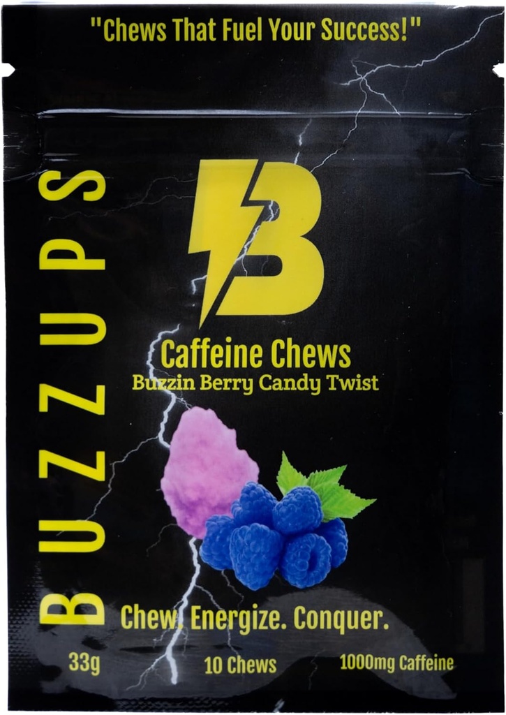 BuzzUps Koffein Gummies - 100mg Koffein per Gummy, Buzzin Berry Flavor, Energy Boost til sport, Gaming, Running, Cykling, Focus, Endurance Supplement (10 Gummies, 1 Pack)