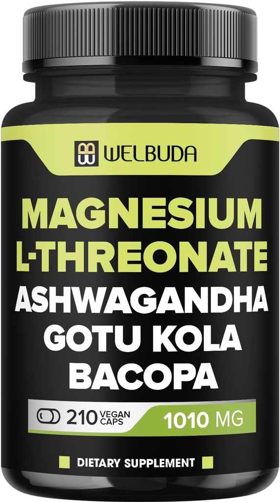 Magnesium L- Threonate Kapsler 1010mg - 210 Kapsler - Blended with Ashwagandha Root, Gotu Kola Leaf & Mere