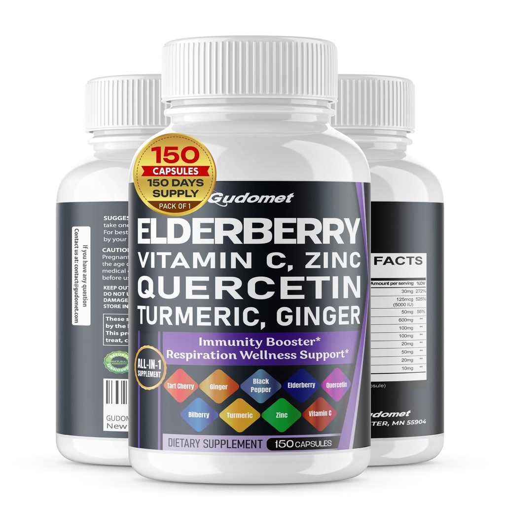 Elderberry Quercetin Bilberry Turmerisk Tart Cherry Ginger Vitamin C Vitamin D3 Zink Sort Peber -150 Capsules - Made in USA