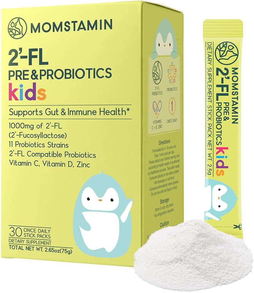 MOMSTAMIN 2 '-FL Pre & Probiotika for børn (4 +): Gut Health Note 124; immunsupport124; fordøjelsestillæg Forbedre kognitiv evne & søvn kvalitet Vitamin C, D Zink / Yogurt Flavored 30 sticks - Dagligt