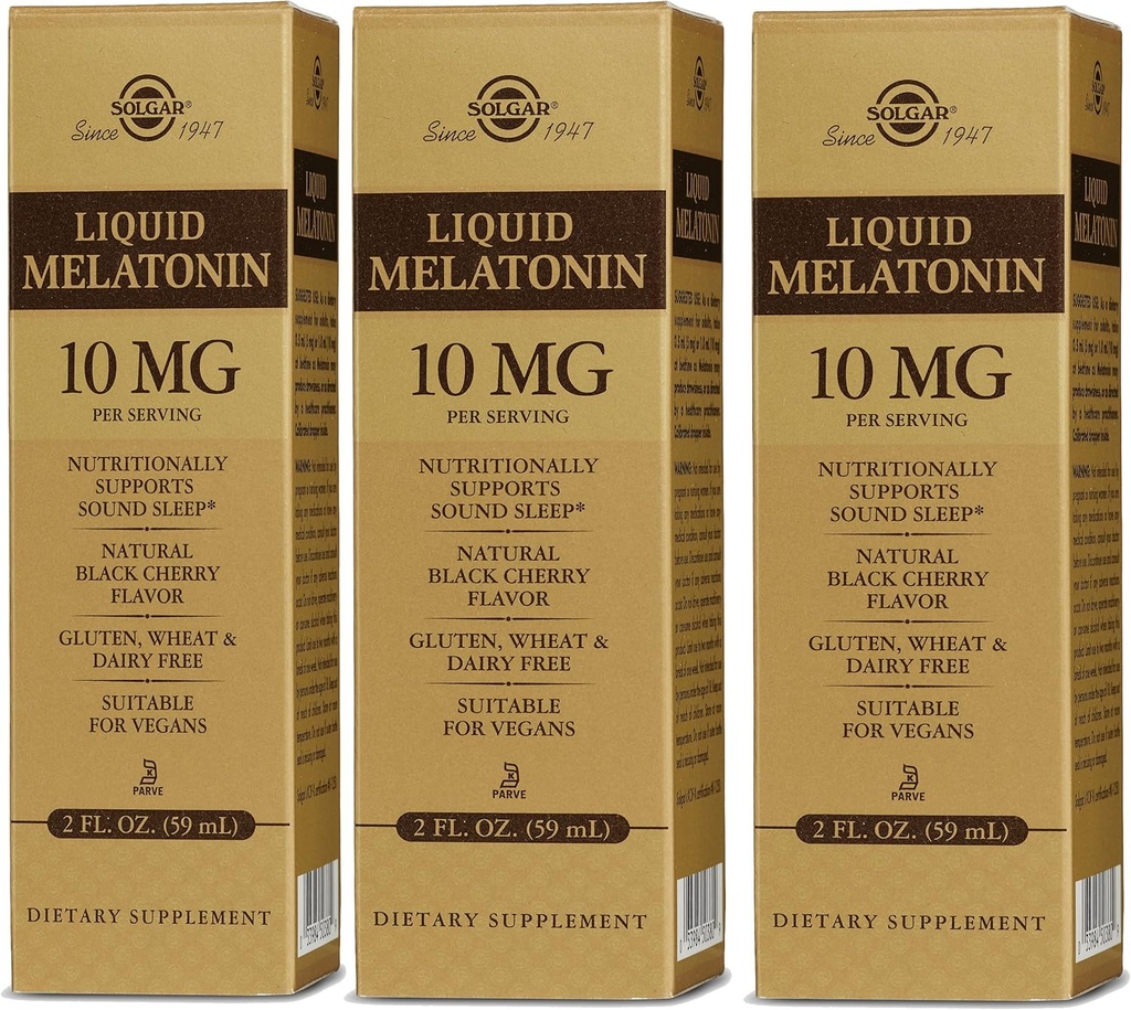 Solgar Liquid Melatonin 10 mg, Natural Black Cherry Flavor - 2 fl oz, Pack of 3 - Great for Jet Lag - Vegan, Gluten Free - 177 Total Servering
