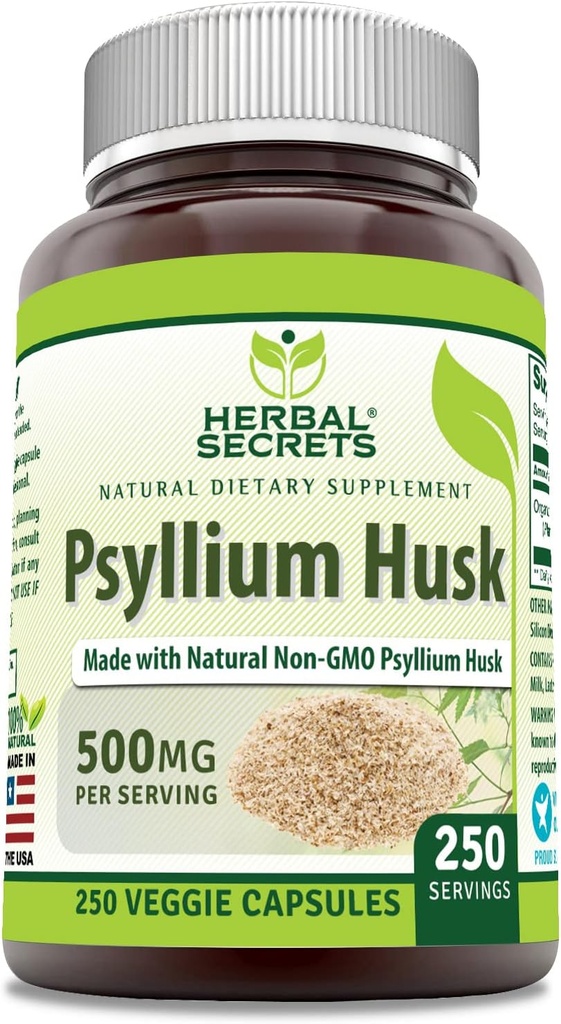 Herbal Secrets Psyllium Husk Supplements 124; 500 Mg øb 124; 250 Veggie Kapseler 124; Non- GROMLE 124; Gluten Free