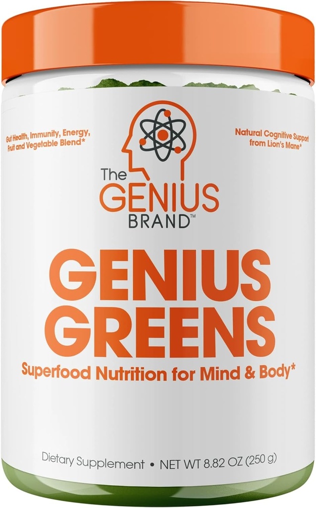 The Genius Brand Genius Green - Green Powder for Sund Sind & Immunity Support - Økologisk Grøntsager, Blåbær & Lions Mane - Praktisk Drikke Mix - Behagelig Smag - 20 Servering