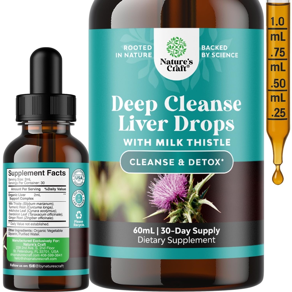 Deep Lever Cleanse, Detox & Reparation med Mælk Thistle Liquid Drops - Lever Detox Liquid Artichoke Extract med Mælkebøtte Leaf, Ginger & Gurkemeje Curcumin til Immunitet & Daglig Rengøring - 2Fl OZ