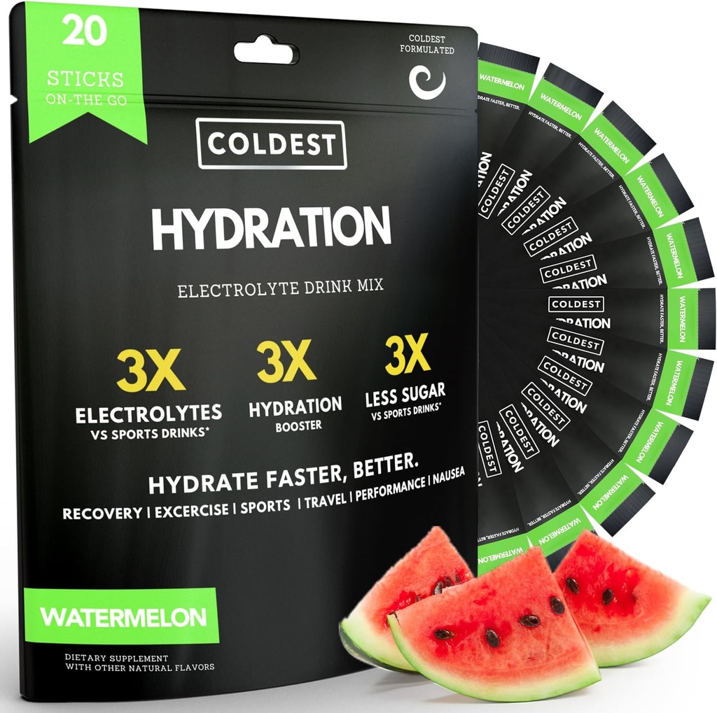Koldeste hydrering - Elektrolyter Powder Pakker - Ikke GMO & ingen Kunstig Sukker - Elektrolyte Drink Mix - Easy Open Single- Serving Stick Drop i vand - 20 sticks per pakke (Watermelon)