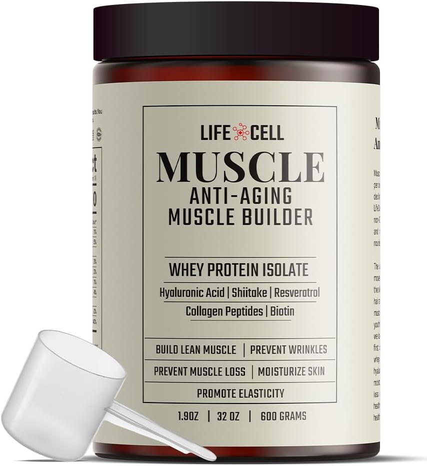 LifeCell Whey Protein - Anti- Aging Muscle Builder med Shiitake Mushroom, Collagen & Hyaluronic Acid - Uden smag, Ingen sukker tilsat, Soy- Free, Gluten- Free, 600g (18 Servere)