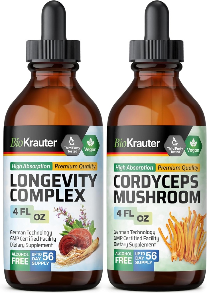 BIO KRAUTER Longevity Mushroom Tinktur 4 Fl. Oz. & Cordyceps Mushroom Tinktur 4 Fl. Oz.