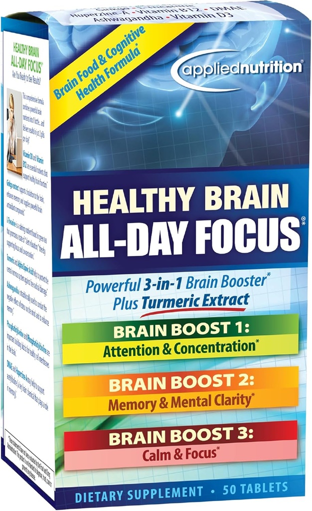 Anvendt Nutrition Sund Hjerne All- Day Fokus - 50 tabletter - Kraftfuld 3-in-1 Hjerne Booster med gurkemeje Uddrag - 25 Servere