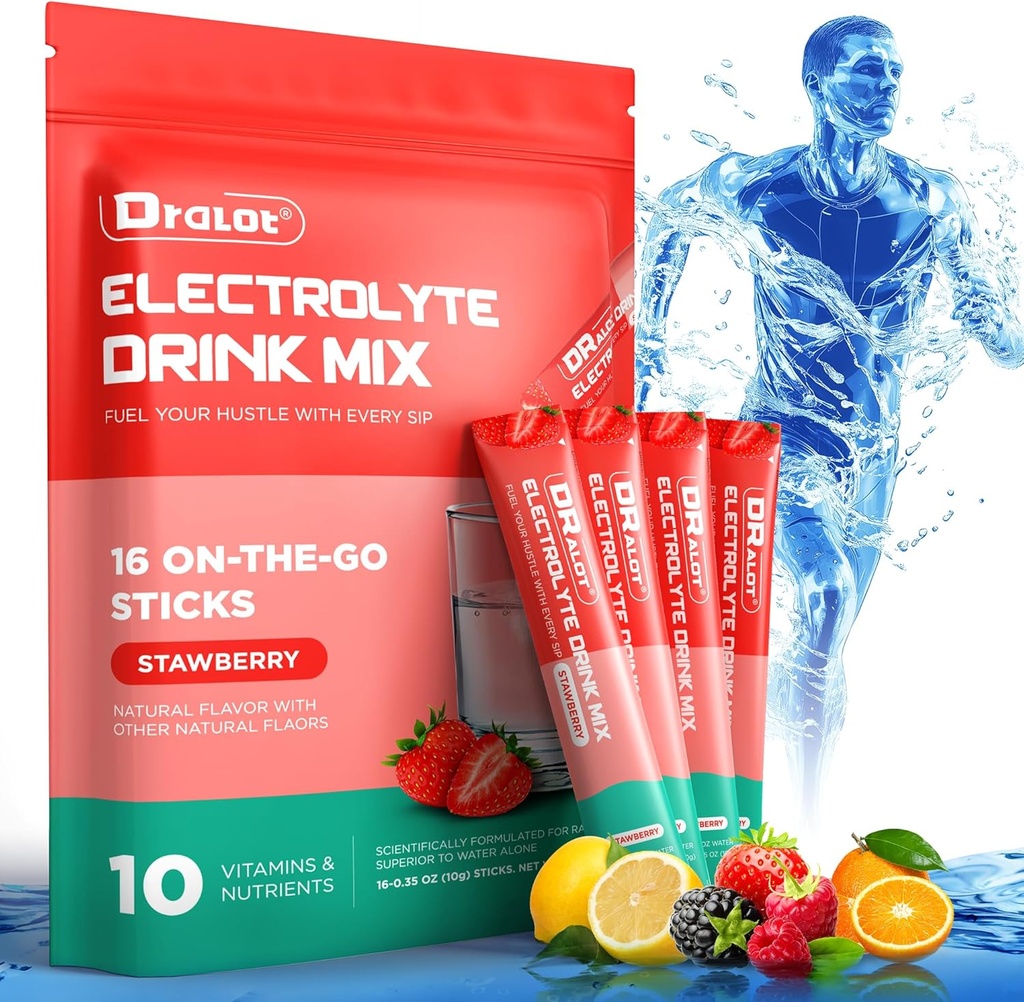 Sugar Free Electrolytes Powder with Natural Flavors, 3X Rapid Hydration Pakker med 10 Electrolyte & Vitaminer, Flydende Daglig IV, Non- GMO, Gluten- Free, Keto, Vegan, 16 sticks, Jordbær