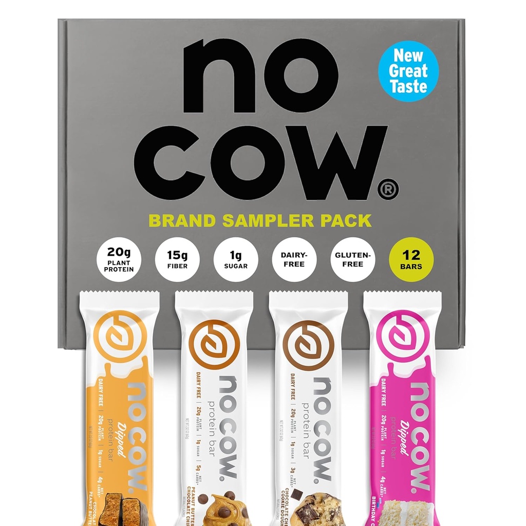 No Cow Vegan Protein Bars, Opgraderet Brand Sampler Pack Note 124; 20g Plant Based Protein, Gluten Free, Dairy Free, Soy Free, Keto Friendly, Low Sugar, High Fiber Snack Bars 124; Pack of 12