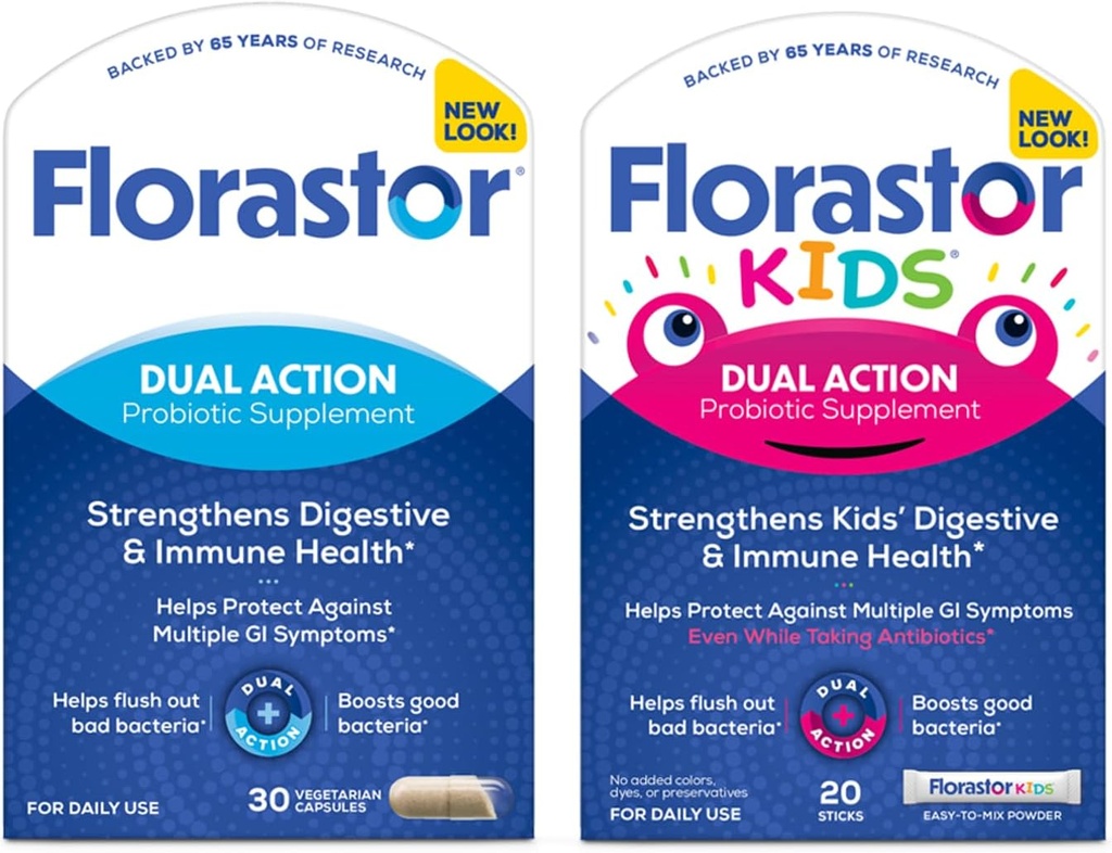 Florastor Family Probiotic Bundle - 30 ct. Probiotisk til fordøjelsessygdomme + immunforsvar & 20 ct Kids Daily Probiotic - Unflavored Powder Sticks - Boost Good Bacteria & Flush Out The Bad