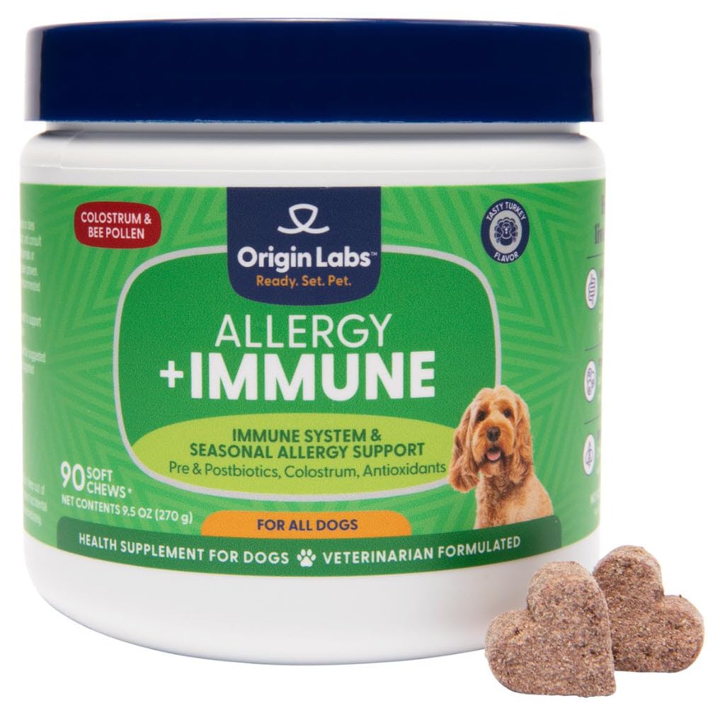 Oprindelse Labs Allergi og immunforsvar Support, Omega 3 Fiskeolie, Bee Pollen, Colostrum, Probiotika, Prebiotika til Gut Sundhed, Hud og Coat Sundhed, Antioxidanter, Tyrkiet Flavor, 90 Soft Chews