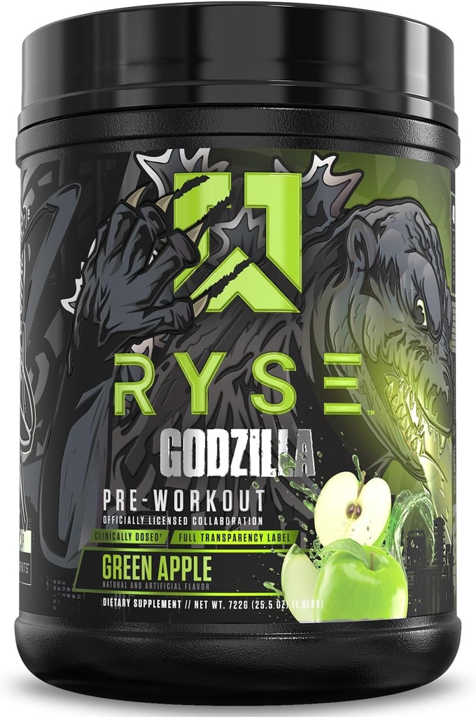 RYSE Godzilla X Noel Deyzel Pre Workout Powder - Green Apple - 400mg Koffein, High Stim Pre- Workout for mænd og kvinder med Citrullin & Beta alanine - Energi, Pump & Focus - 20 / 40 Servering