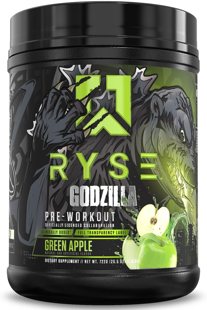 RYSE Godzilla X Noel Deyzel Pre Workout Powder - Green Apple - 400mg Koffein, High Stim Pre- Workout for mænd og kvinder med Citrullin & Beta alanine - Energi, Pump & Focus - 20 / 40 Servering