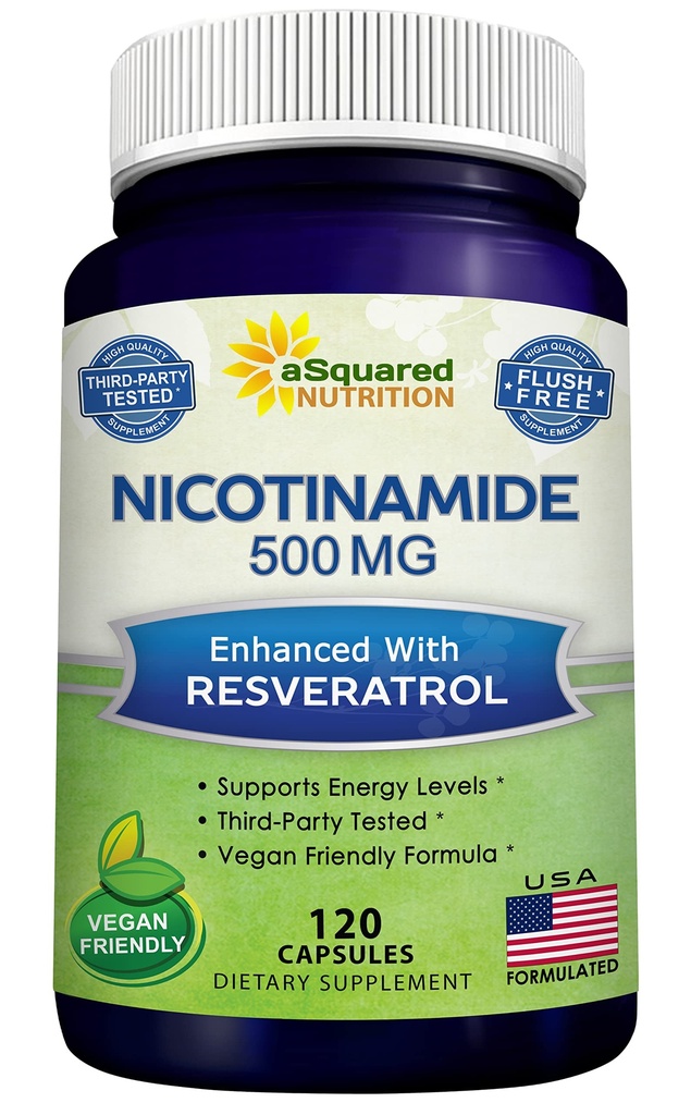 aSquared Nutrition Nicotinamid med Resveratrol - 120 Veggie kapsler - Vitamin B3 500mg (Niacinamid Flush Free) - Supplement piller til støtte NAD, Skin Cell Health & Energy