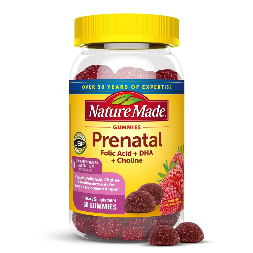 Nature Made Prenatal Gummies med DHA og folinsyre, Prenatal Vitamin og Mineral supplement til daglig ernæring Support, 60 Gummies, 30 dages forsyning