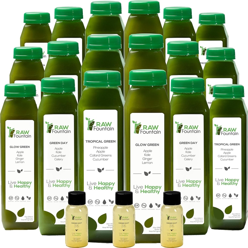 5 dages grøn juice rense af rå springvand, All Natural Raw, Vegansk Detox, Cold Pressed Juice, 30 flasker 12oz, 3 Ginger Shots