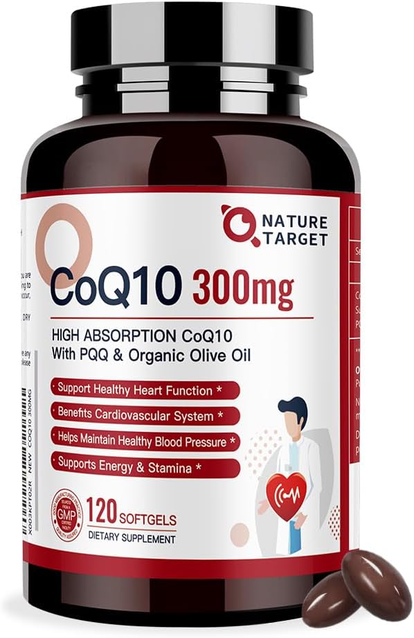 NATUR TARGET CoQ10- 300mg- Softgels + PQQ med Organic- Olie- Oil - High Absorption- Coenzyme- Q10 - Antioxidant- for- Heart- Health and immun Support, Energy Production, 120 Servere