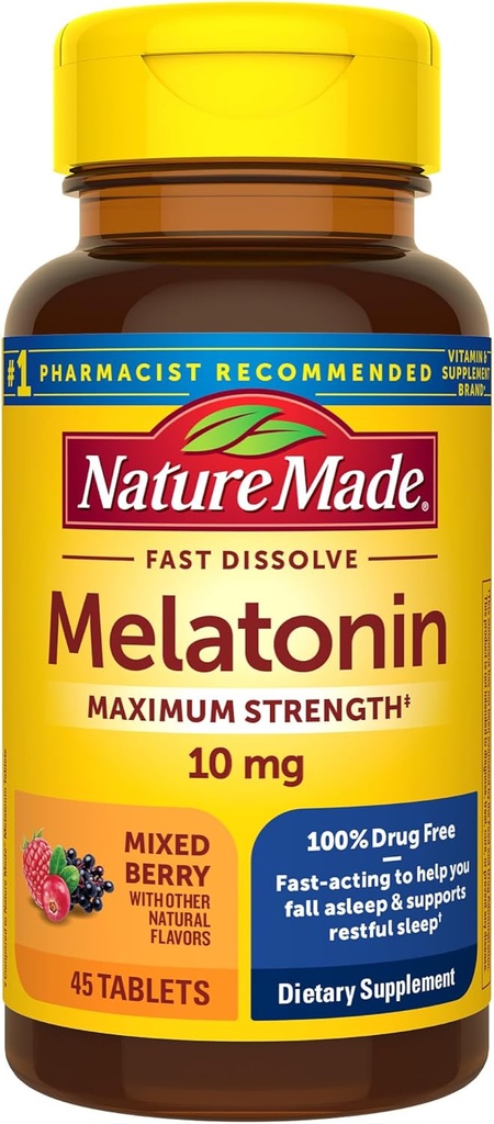 Nature Made Melatonin 10mg Fast opløsning, Maksimal styrke Nattetid Søvnhjælp til voksne, 100% drug- fri, 45 tabletter