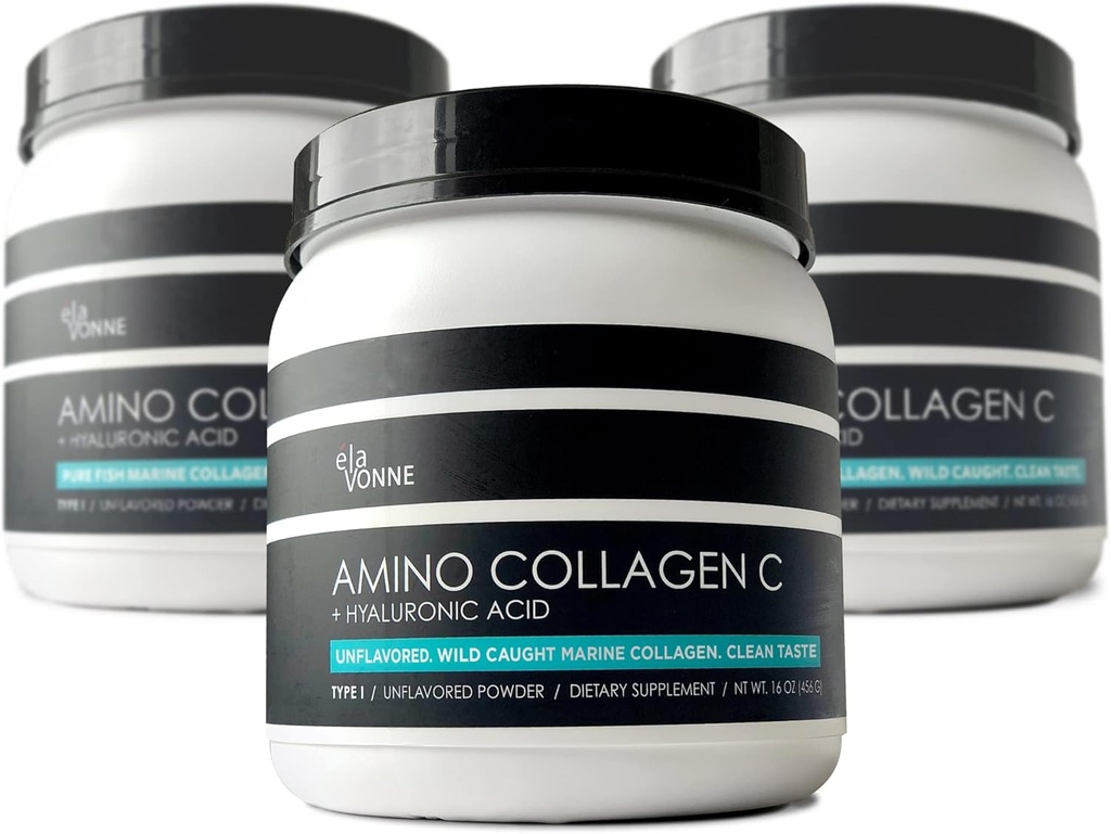 (3- Pack) Amino Collagen C - Collagen Powder (180 Scoops) - Marine Collagen Peptider + Hyaluronsyre. Ingen Sugar. Ingen lugt. Ikke GMO. USA. for hår, hud, negle, joints, & Gut sundhed.