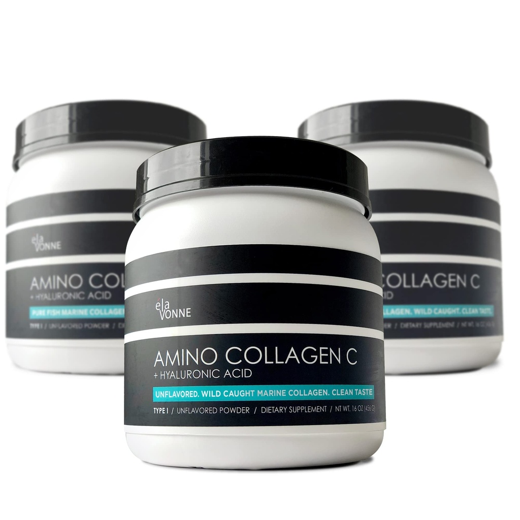 (3- Pack) Amino Collagen C - Collagen Powder (180 Scoops) - Marine Collagen Peptider + Hyaluronsyre. Ingen Sugar. Ingen lugt. Ikke GMO. USA. for hår, hud, negle, joints, & Gut sundhed.