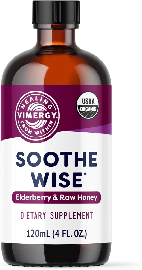 Vimergy Soothe Wise * - Fast- Absorbing immunforsvar med Elderberry Syrup og Raw, Organic Honey - Frakker og lindrer åndedrætsvæv - USDA Certified Organic, Vegan, Paleo-Friendly, Gluten-Free.