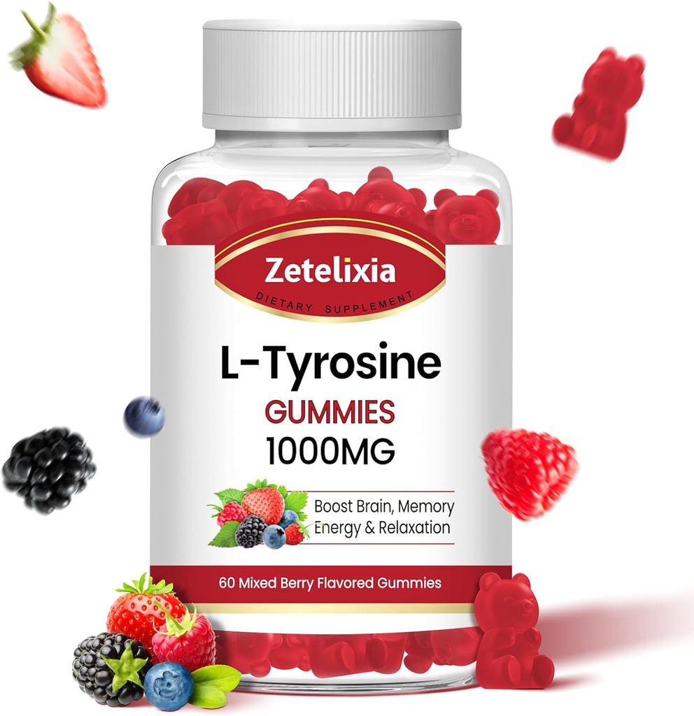L Tyrosine Gummies 1000mg, L- Theanine Supplement Gummy 200mg, Sugar Free L- Tyrosin med B6-vitamin Energitilskud til voksne og børn - Vegan (60 Greve)