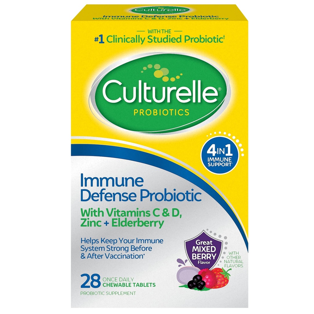 Culturelle immunforsvar Daglig Probiotikum for kvinder & mænd - 28 Greve, Blandede Berry Chewables med 4-in-1 immunforsvar. Probiotika C-vitamin, D-vitamin og zink Plus Elderberry