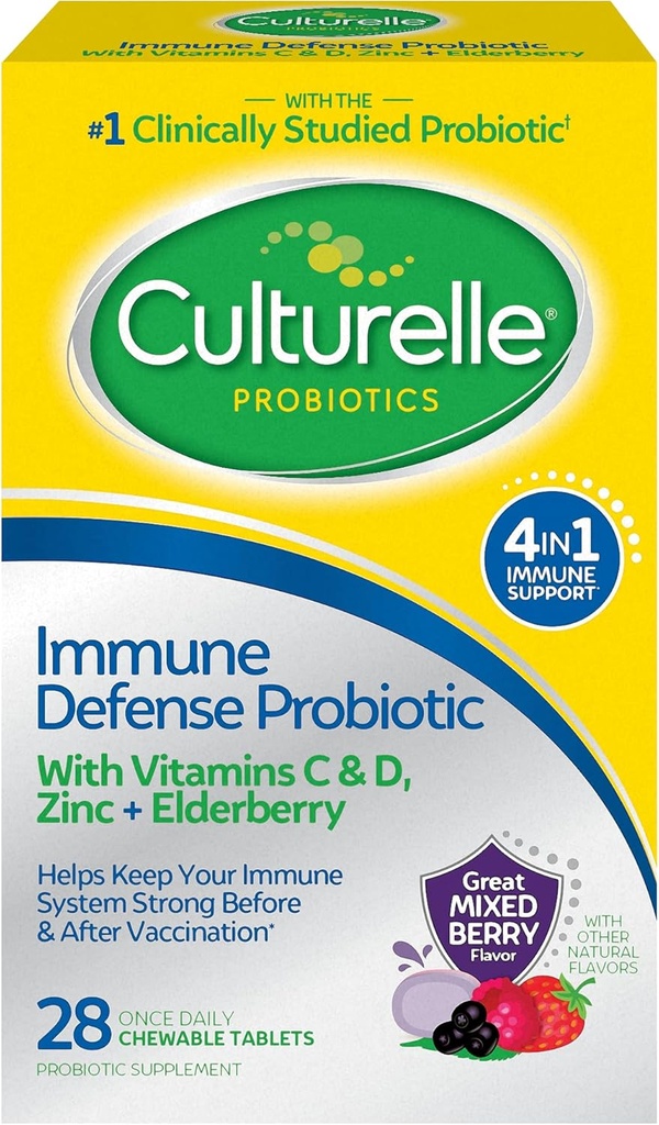 Culturelle immunforsvar Daglig Probiotikum for kvinder & mænd - 28 Greve, Blandede Berry Chewables med 4-in-1 immunforsvar. Probiotika C-vitamin, D-vitamin og zink Plus Elderberry