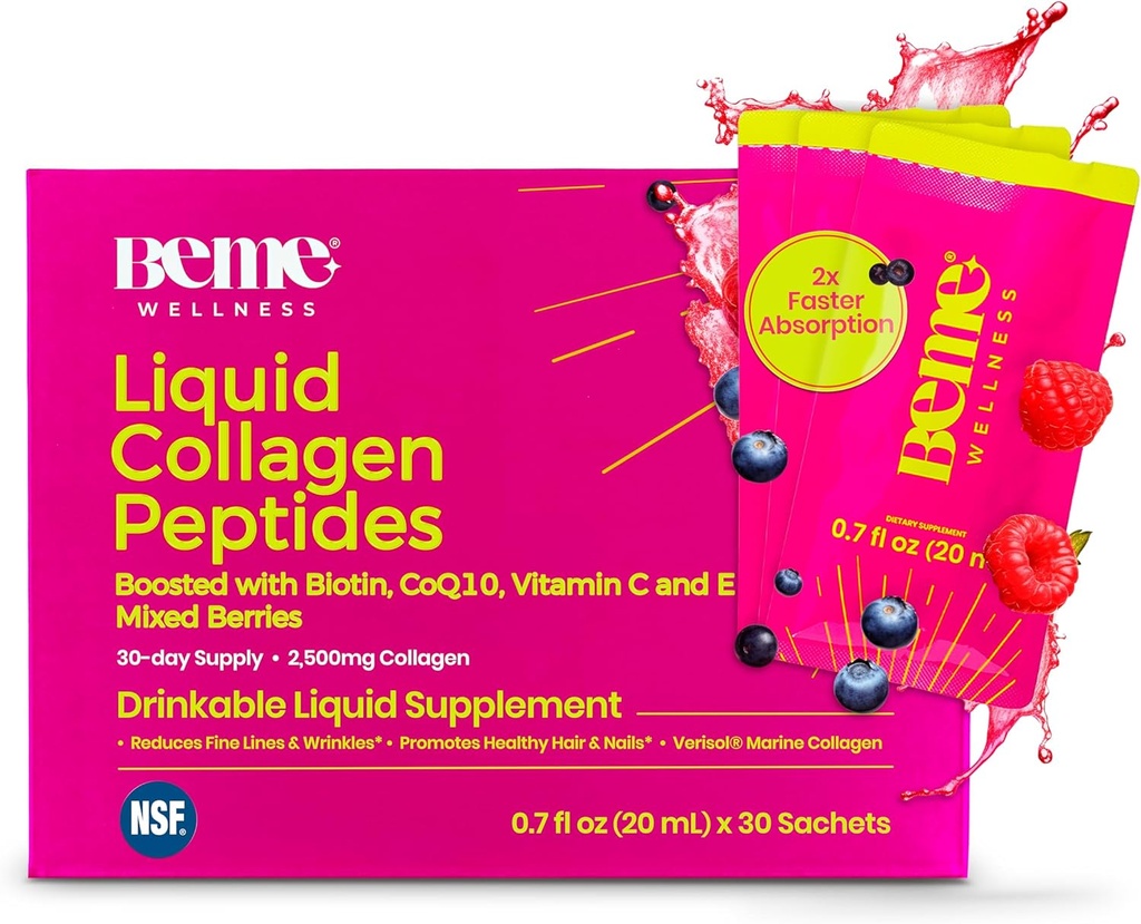 BeMe flydende kollagen til kvinder - 2500mg Verisol hydrolyseret Marine flydende kollagen - klinisk testet kollagen kosttilskud - hurtig absorption, høj biotilgængelighed - understøtter hud, hår & negle