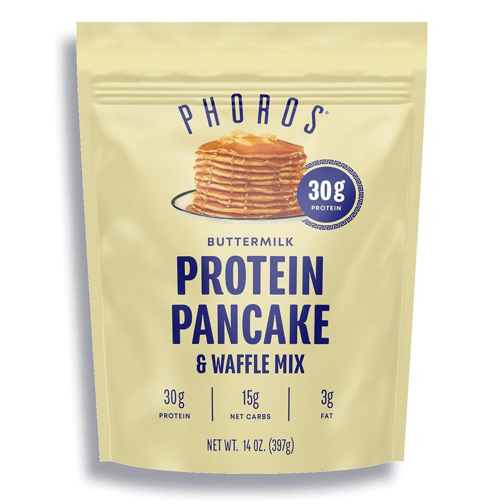 Protein Pancake Mix & Protein Waffle Mix by Phoros Nutrition, 30g Protein, Lav Carb, High Protein, Keto-Friendly, Whey Protein, Hel Korn Havre, Hel Hvede Pancakes, Just Add Water (Buttermilk)