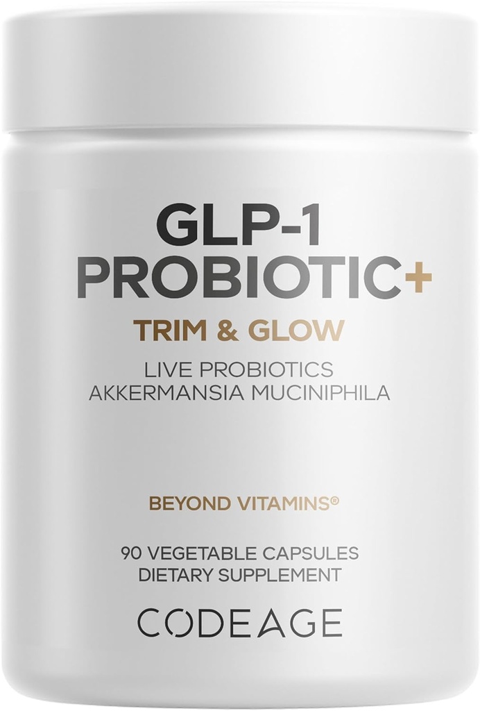 Codeage GLP-1 Probiotika + - Live Probiotika Akermansia, Clostridium, Bifidobacterium, Chicory Inulin Probiotika, Prebiotika & Postbiotika Supplement - 500 Millioner AFU, 3 - Måned Supply - 90 Kapsler