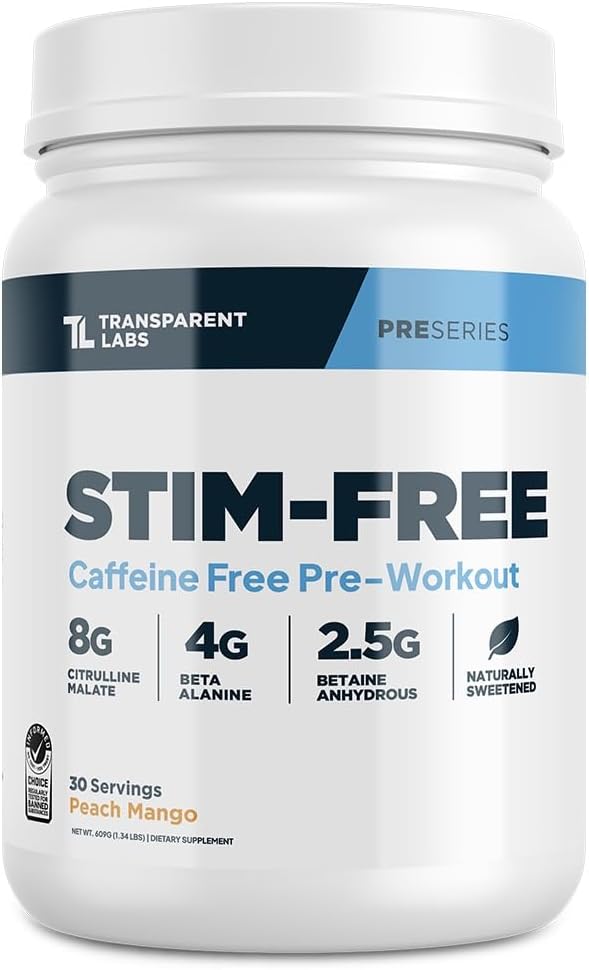 Gennemsigtige Labs Stimulerende gratis Pre- Workout - Koffein & Stim Gratis Pre Workout Pulver naturligt sødet for mænd og kvinder med Beta alanine pulver, Citrullin Malat, & elevatP - 30 Servere, Peach Mango