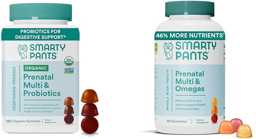 SmartyPants Økologiske prænatale vitaminer til kvinder Multivitamin Gummies Bundle: Probiotika, Biotin, Methylfolat, Omega 3, D3- vitamin, B12, B6, A, K & Zink, 120 Tæl