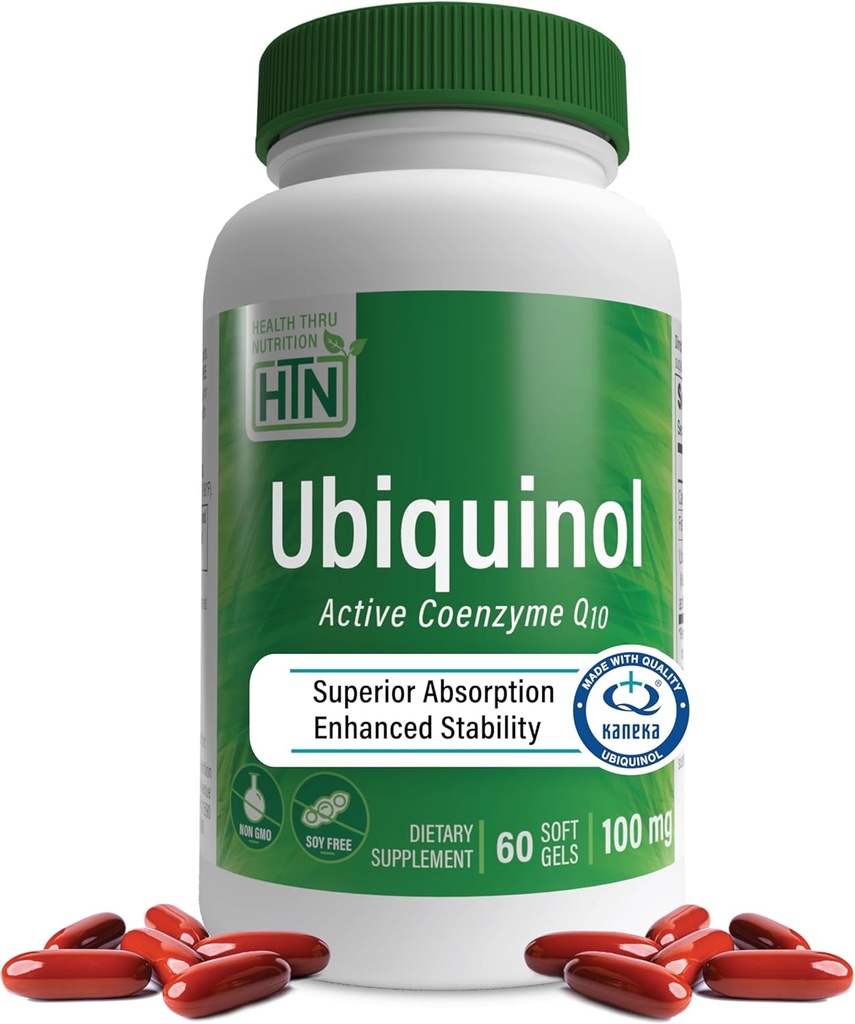 Health Thru Nutrition Ubiquinol 100mg 60 Softgels as Kaneka QH Reduceret CoQ- 10- 124; Stabilized - 3. part Testet med 124; Forbedret biotilgængelighed af 124; Kardiovaskulær & Mitokondria Funktionssupport af 124; Non- GMO