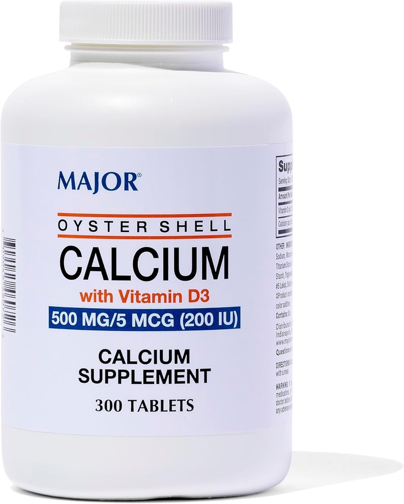 Major Oyster Shell Calcium med D3- vitamin 500 mg / 5 mcg (200 IE) - Dagligt calciumsupplement - 300 tabletter (1 pakning)