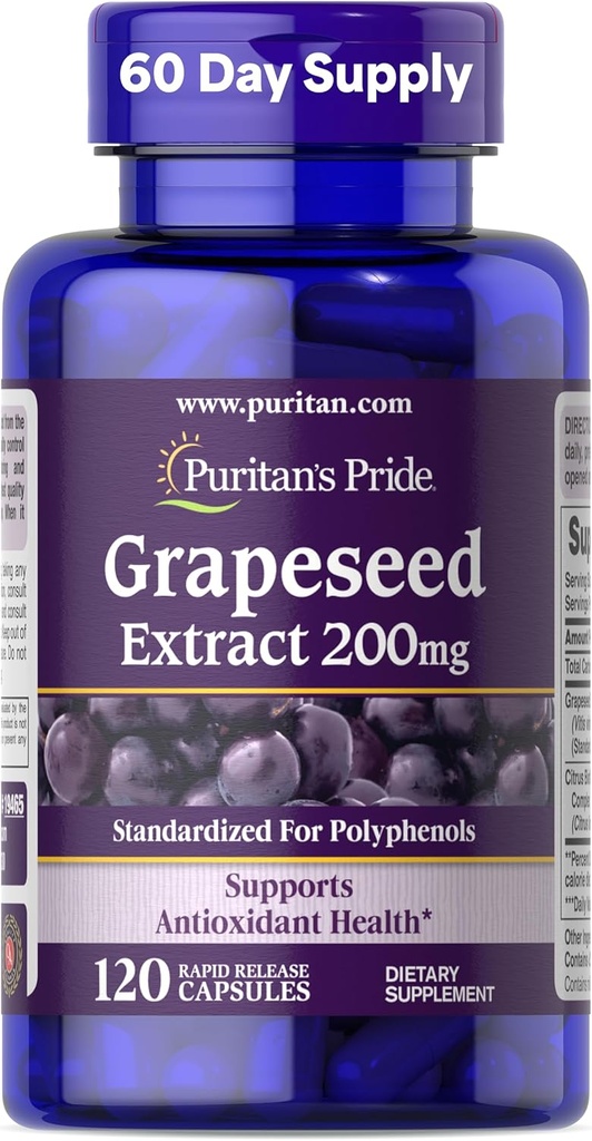 Puritans Pride Grapeseed Extract 200mg, Kosttilskud til antioxidant og hjertesundhedssupport, 2 måneders forsyning, 120 hurtige release kapsler