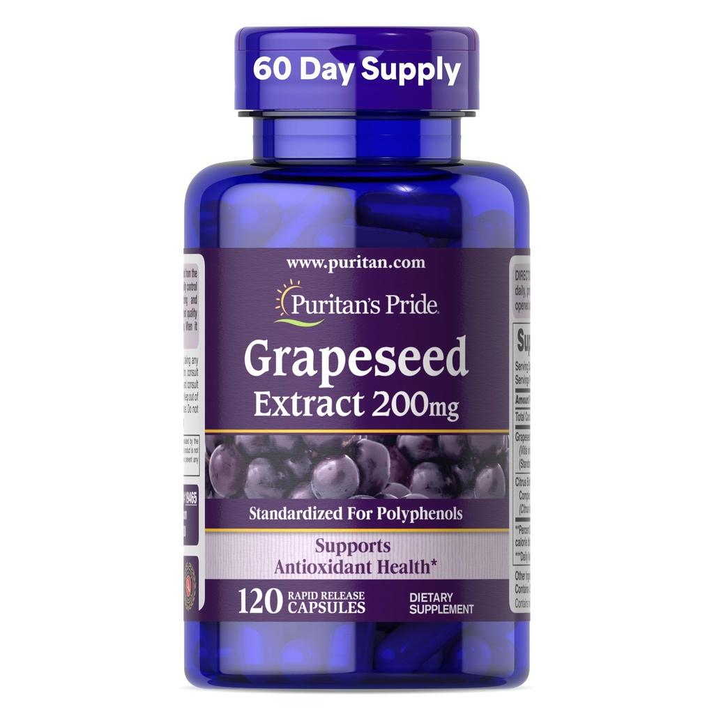 Puritans Pride Grapeseed Extract 200mg, Kosttilskud til antioxidant og hjertesundhedssupport, 2 måneders forsyning, 120 hurtige release kapsler