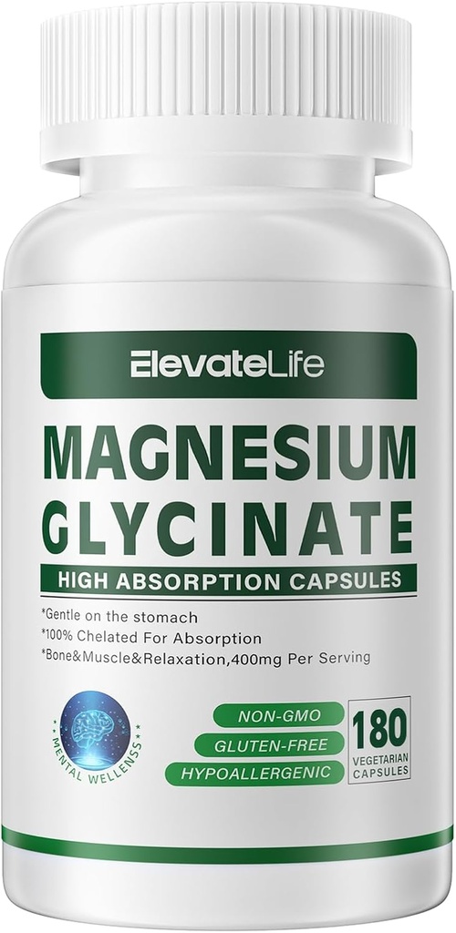 Magnesium Glycinat 400 MG per Servering 100% Chelated for High Absorption, Adtle On Mave, Non- GMO, 180 Vegetariske kapsler