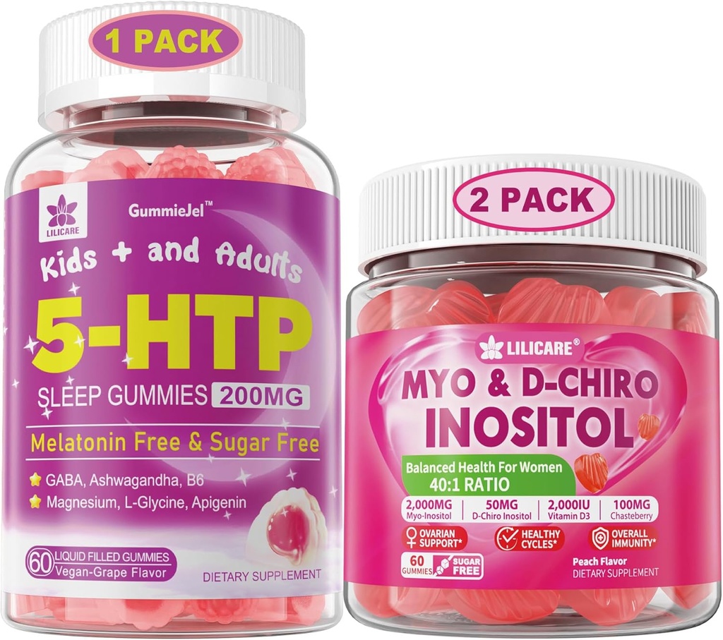 Bundle: 5htp Gummier med Magnesium Glycinat - Melatonin Free Sleep Gummies for voksne & Børn 8 + & Inositol Gummies Ideal 40: 1 Ratio Myo & D- Chiro Inositol Supplement