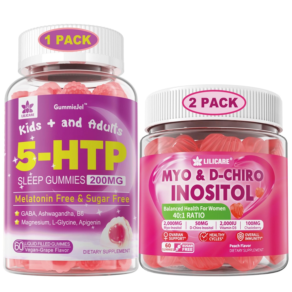 LILICARE Bundle: 5htp Gummies med Magnesium Glycinate - Melatonin Free Sleep Gummies for voksne & Børn 8 + & Inositol Gummies Ideal 40: 1 Ratio Myo & D- Chiro Inositol Supplement