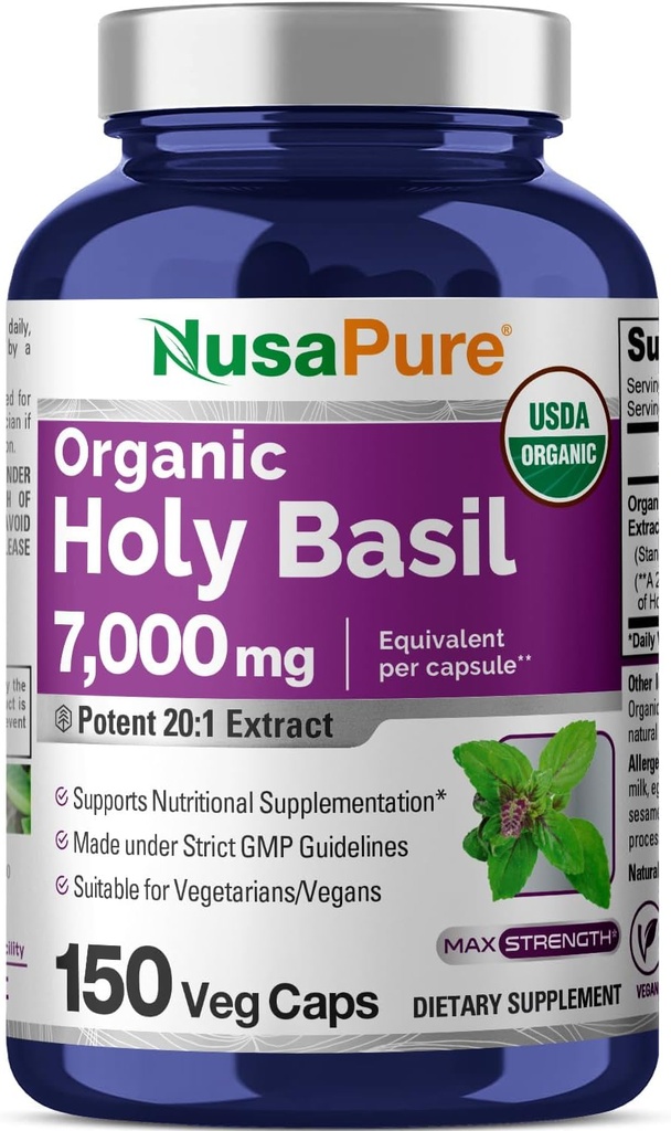 NusaPure USDA Organic Holy Basilic Capsules 20: 1 Extract, 350 mg Ækvivalent med 7 000 mg