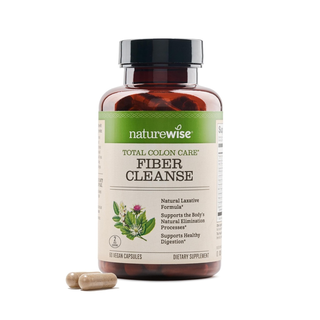 NatureWise Total Colon Care Fiber Cleanse - Natural Laxative Blend - Herbal Laxatives, Prebiotics, & enzymer til regelmæssighed, fordøjelse, vægt & Gut Sundhed - Non- GMO - 60 kapsler [30- Day Supply]