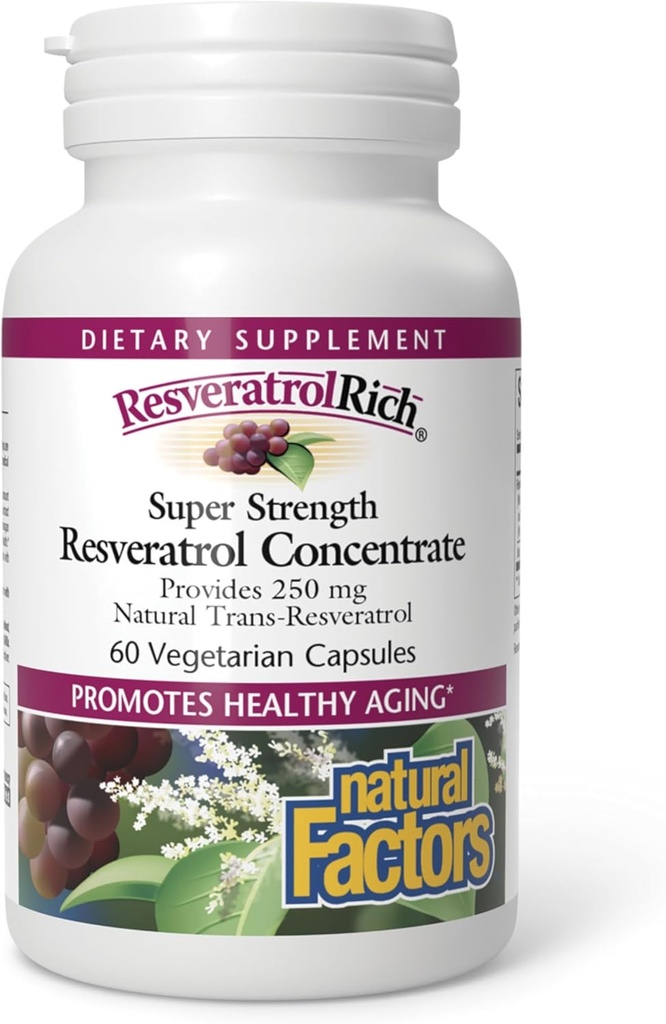 ResveratrolRich af naturlige faktorer, Super Strength Resveratrol Koncentrat, fremmer sund aldring, 60 kapsler (60 portioner)