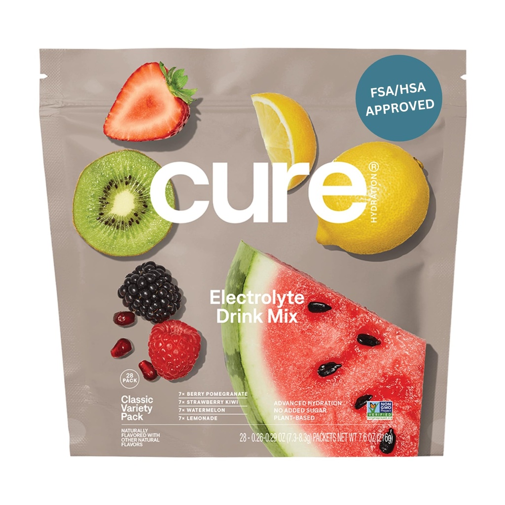 Cure Hydration • 124; Plantbaseret elektrolytdrik • 124; Ingen tilsat sukker • 124; FSA- HSA • 124; Dehydrering • Hjælpepulver fremstillet med kokos • 124; ikke- GMO • 124; Vegan • 124; 28 Pakninger - Variety Pack