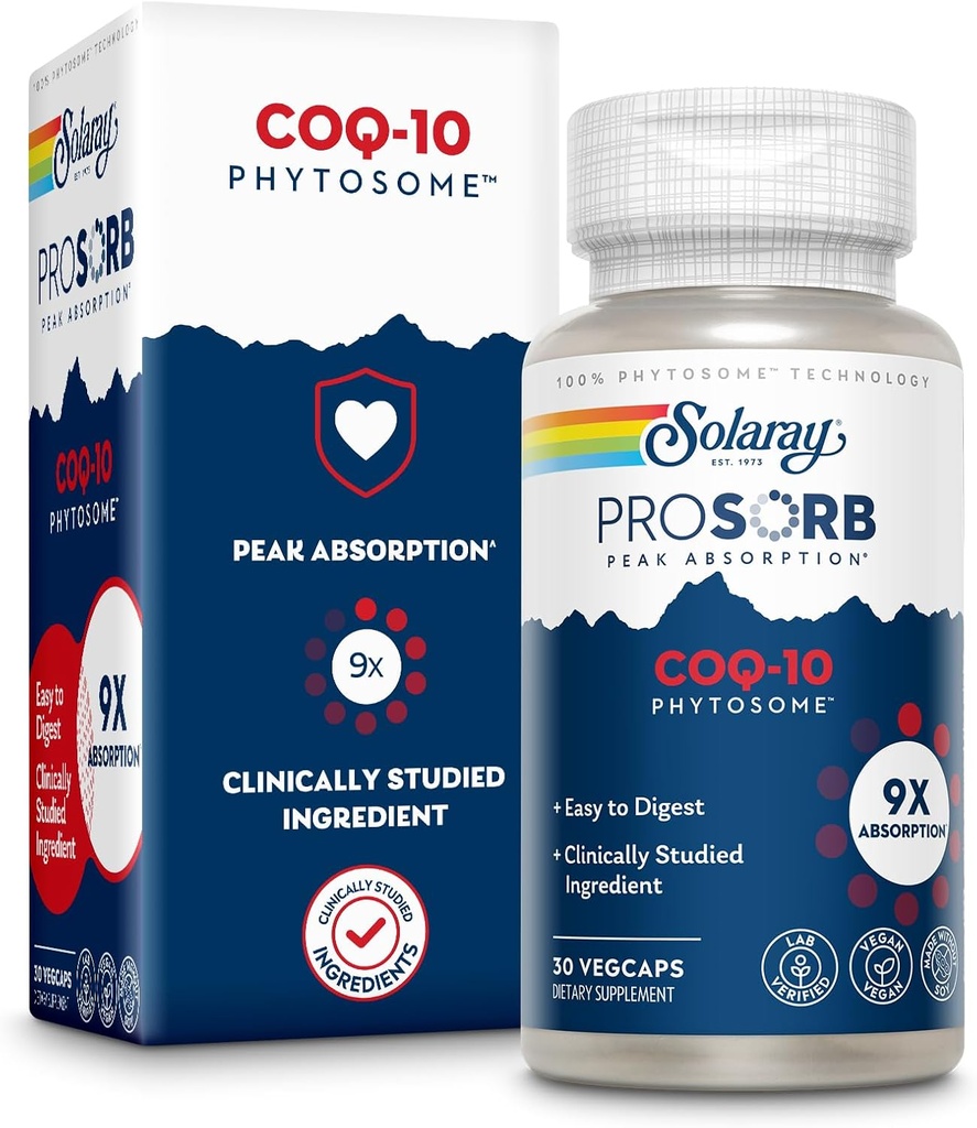 SOLARAY CoQ- 10 Phytosome - 9X Absorption CoQ10 200mg - Easy- to- Digest Antioxidants Supplement - Vegan og Lavet uden soja - 60- dag garanti - 30 Servere, 30 VegCaps
