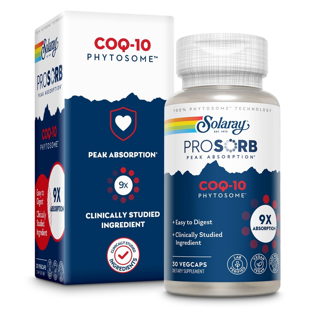 SOLARAY CoQ- 10 Phytosome - 9X Absorption CoQ10 200mg - Easy- to- Digest Antioxidants Supplement - Vegan og Lavet uden soja - 60- dag garanti - 30 Servere, 30 VegCaps