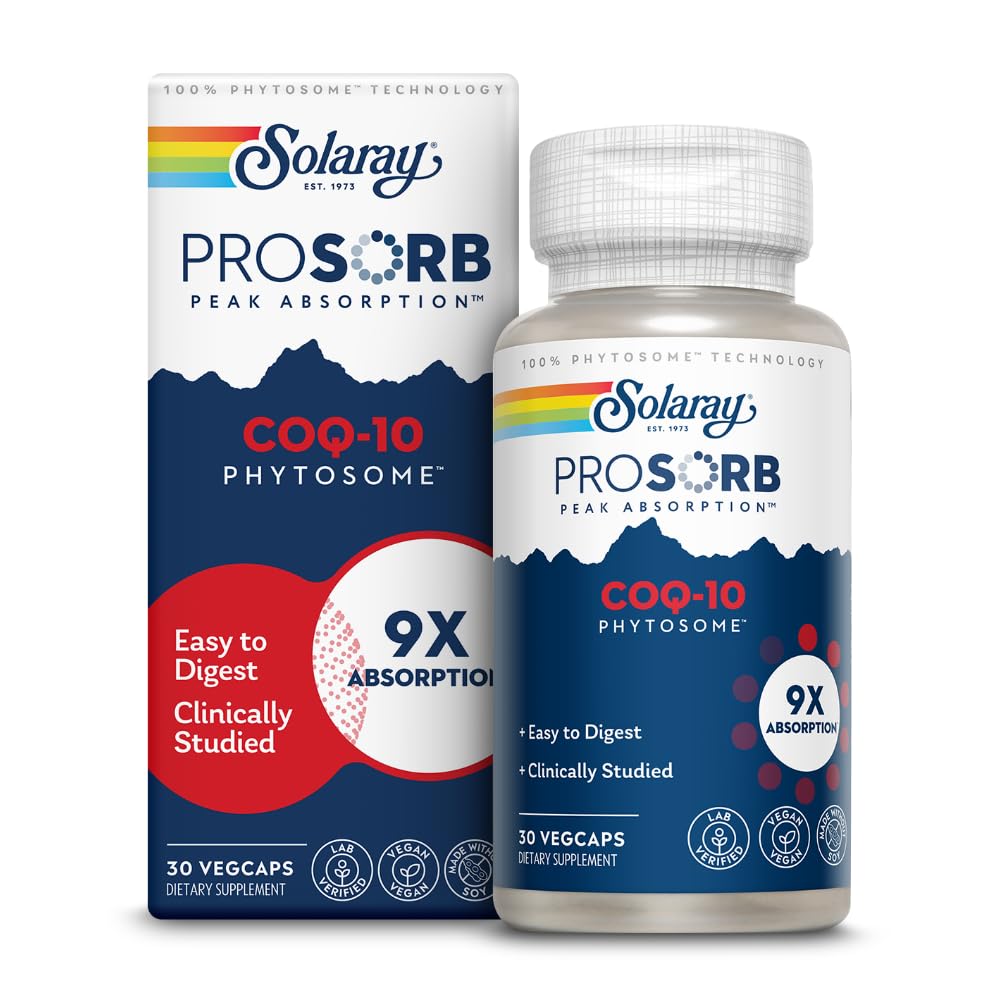SOLARAY CoQ- 10 Phytosome - 9X Absorption CoQ10 200mg - Easy- to- Digest Antioxidants Supplement - Vegan og Lavet uden soja - 60- dag garanti - 30 Servere, 30 VegCaps