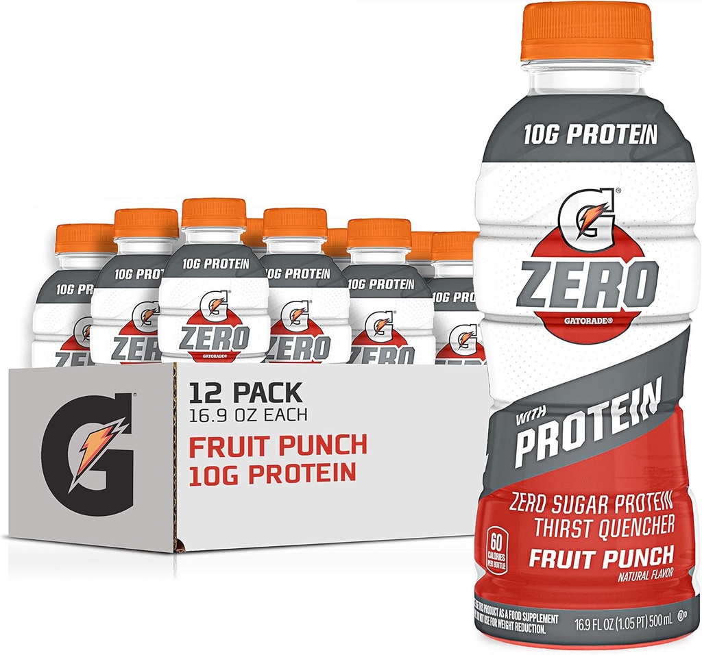 Gatorade Zero With Protein, 10g Whey Protein Isolate, Zero Sugar, Electrolytes, Fruit Punch, 16,9 Fl Oz, 12 Pack